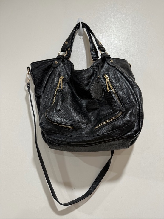Jessica Simpson Handbags - Jessica Simpson Black Faux Leather Moto Satchel Shoulder Bag Gold Hardware